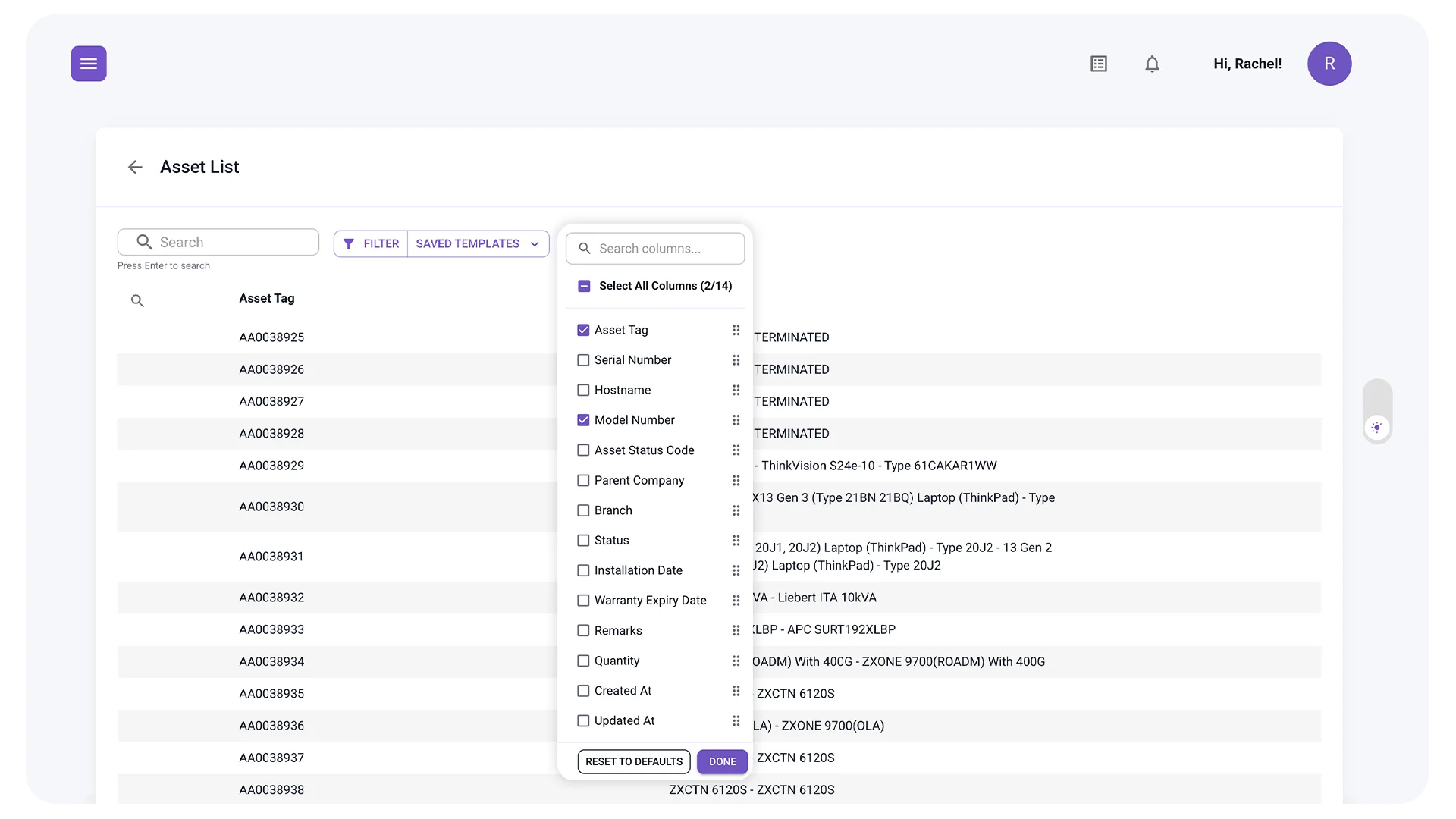 SmartDesk asset list showing asset tags, models and column configuration