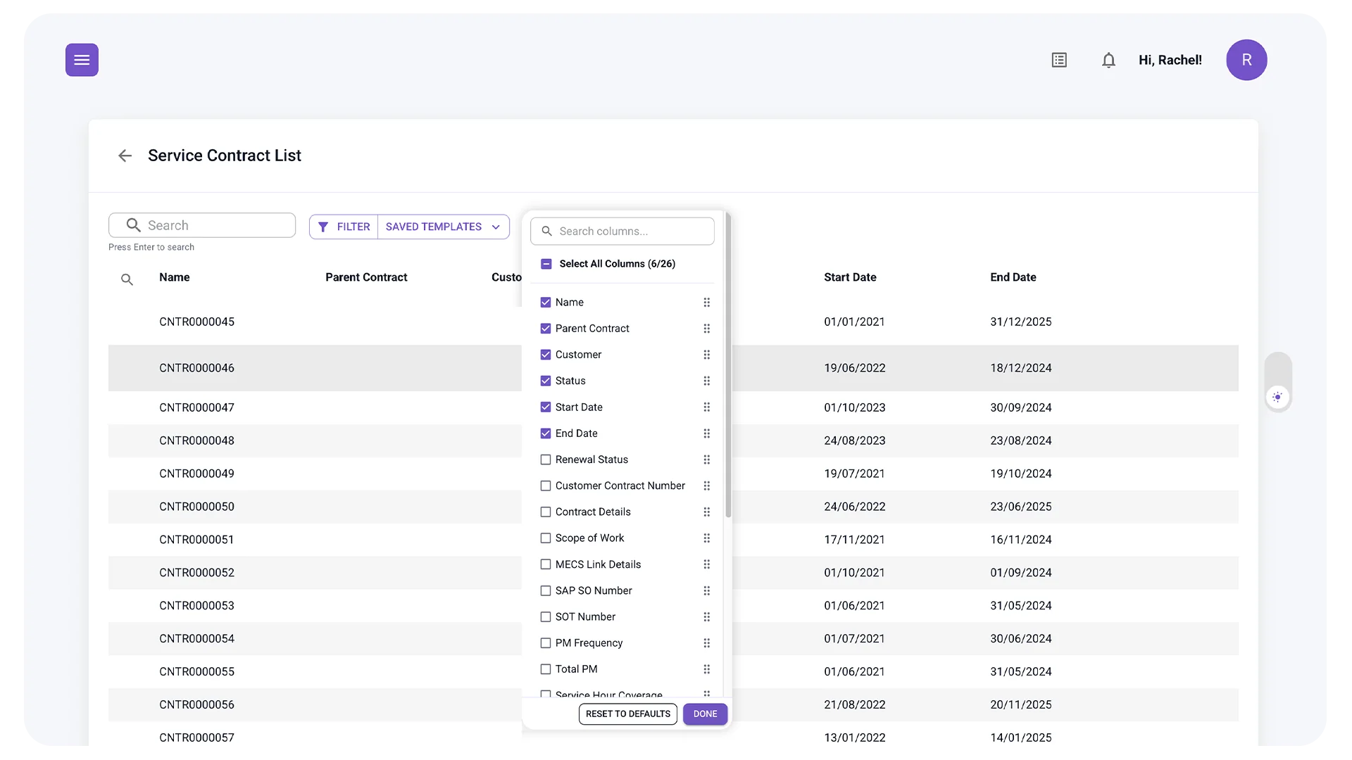 SmartDesk service contract list showing contract names and date ranges
